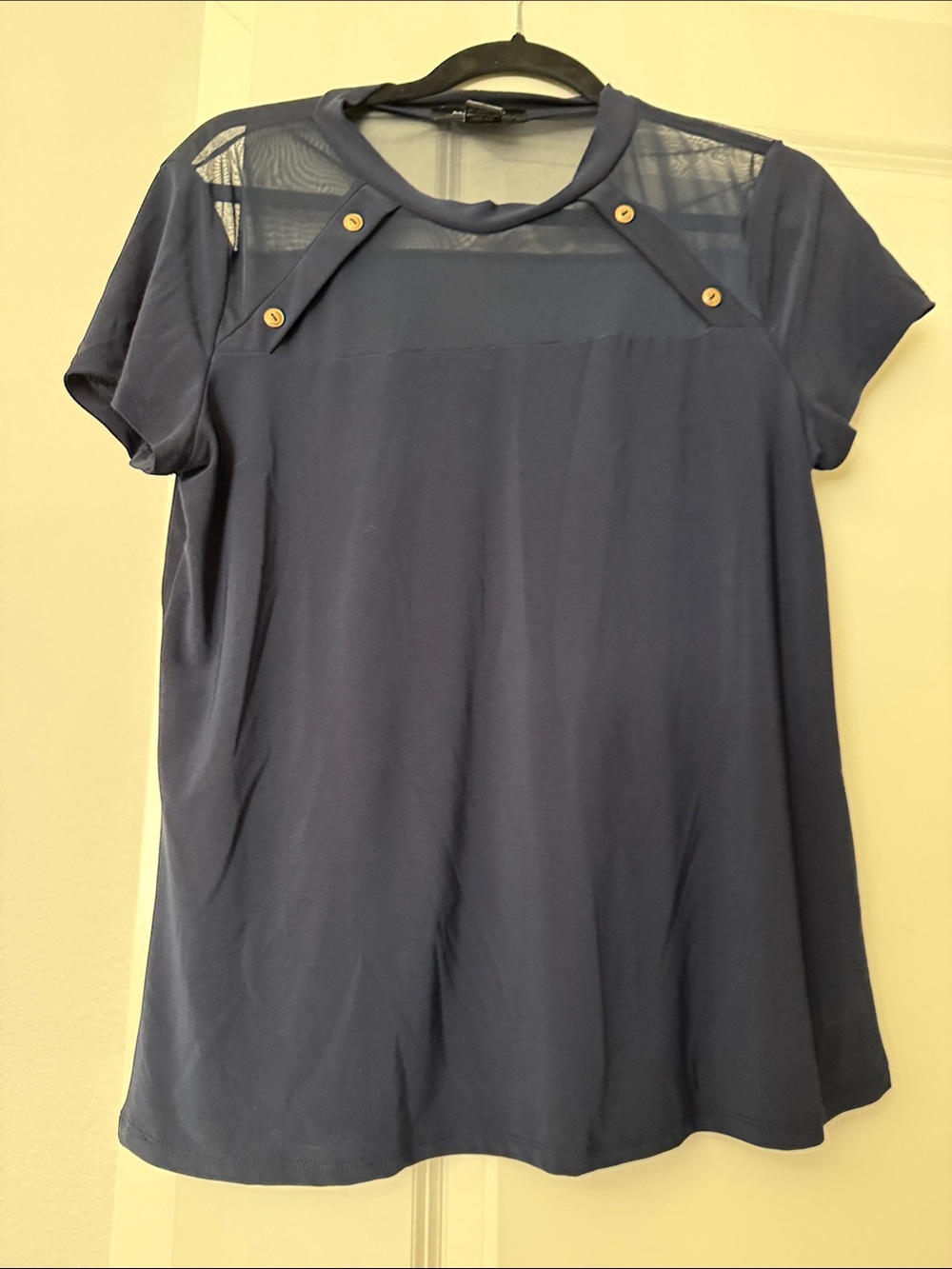 Short Sleeve Navy Top with Mesh Yoke and Button Accents